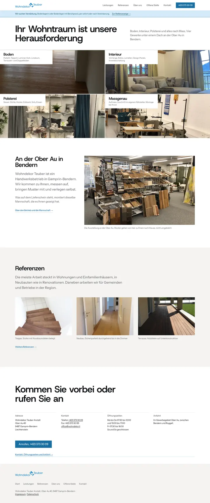 wohndekor.li, Startseite: Musterwand aus Boden, Interieur, Polsterei und Nähatelier, darunter Ausstellung und Referenzen