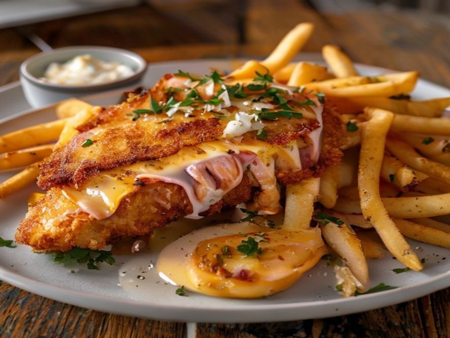 Riesen Cordon Bleu vom Schwein mit Pommes frites, geschnitten, auf weissem Teller